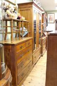 Late Victorian satin walnut six piece bedroom suite comprising double mirror door wardrobe,