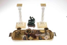 Pair Royal Worcester candlesticks, brass candlesticks, paperweights, Oriental figure, scent bottle,