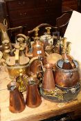 Silver plated tea and coffee pots, assorted brass and copper including candlesticks, watering cans,