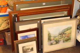 Collection of twelve framed watercolours, prints, etching,