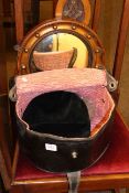 Gilt framed convex mirror and vintage hat box and hat