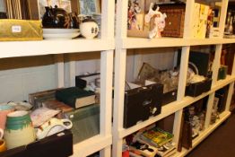 Five boxes of tea and dinnerware, Beswick foals, books, glassware, copper coal scuttle,