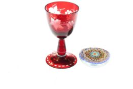 Small paperweight and a ruby glass wine (2)