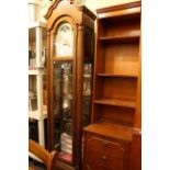 American oak cased triple weight longcase clock with moon phase arched dial
