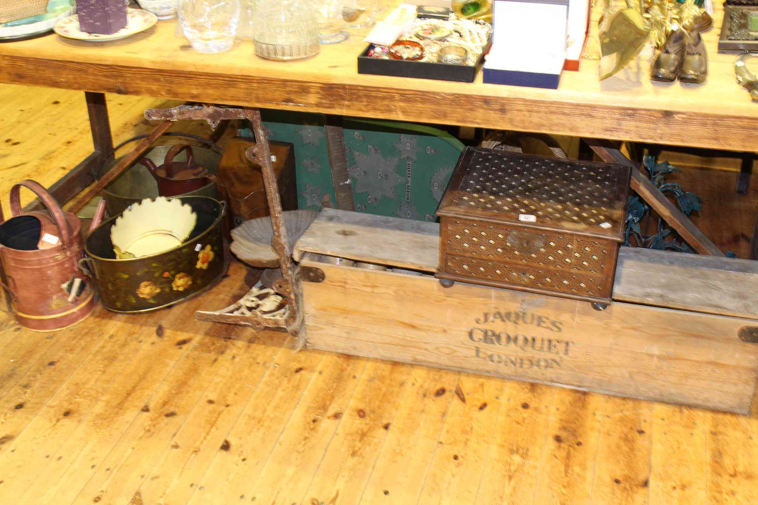 Jaques croquet set, cast iron sink bracket, Bagatelle, Victorian knife box, brass jam pan,