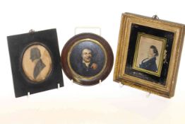 Two Antique silhouettes and framed Russian box lid (3)