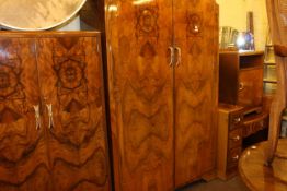 1930's walnut five piece bedroom suite comprising ladies and gents wardrobes, dressing table,