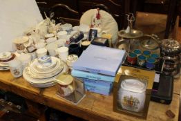 Collection of commemorative china, silver plated ware, six cloisonne napkin rings, Wedgwood plates,