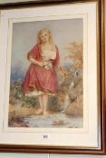 Watercolour of a Girl picking flowers by a stream, monogrammed lower left, 48cm by 32cm,