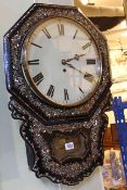 Victorian papier mache and mother-of-pearl inlaid drop dial single fusee wall clock
