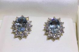 18 carat gold aquamarine and round brilliant diamond cluster earrings, aquamarine approximately 2.