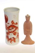Chinese cylindrical vase with red dragon decoration and terracotta figure