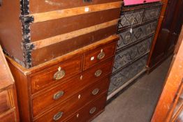 19th Century carved drawer front four height chest and 19th Century inlaid mahogany four height