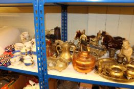 Brass and copper ware, miners lamp, blow torch, boxed Corgi vehicles, glass and china,