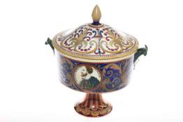 Italian Majolica pedestal bowl and cover decorated with portrait panels and mask handles