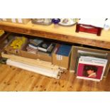 Artist's easel, British Railways Working Timetables, books, oak panels, pictures,