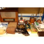 1950's radio, vintage first aid kits, stoneware hot water bottle,
