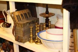 Toilet jugs and bowls, brass candlesticks, Midella concertina, carved wall cabinet, pictures,