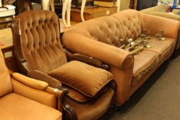 Victorian mahogany framed armchair and vintage Ikea buttoned leather three seater settee (2)