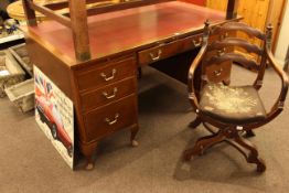 Seven drawer mahogany pedestal desk on cabriole legs and X-framed ladder back elbow chair (2)