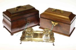 Two 19th Century mahogany caddies and silver-plated desk stand