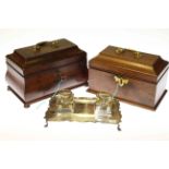 Two 19th Century mahogany caddies and silver-plated desk stand