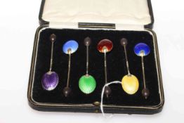 Set of six silver and enamel coffee bean spoons,