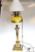 Brass corinthian column oil lamp with floral painted reservoir and opaque shade (converted to