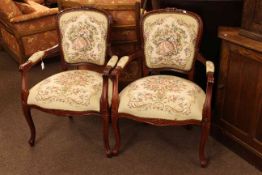 Pair French style fauteuils in tapestry fabric