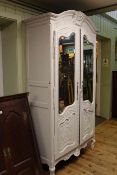 French painted double mirror and carved panel arched door armoire,