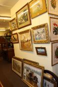 Collection of framed oils, watercolours and prints including canine sketches,