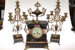 Victorian French slate and marble clock garniture with ornate mounts