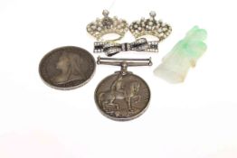 1897 crown, 1914-18 medal, two crown brooches,