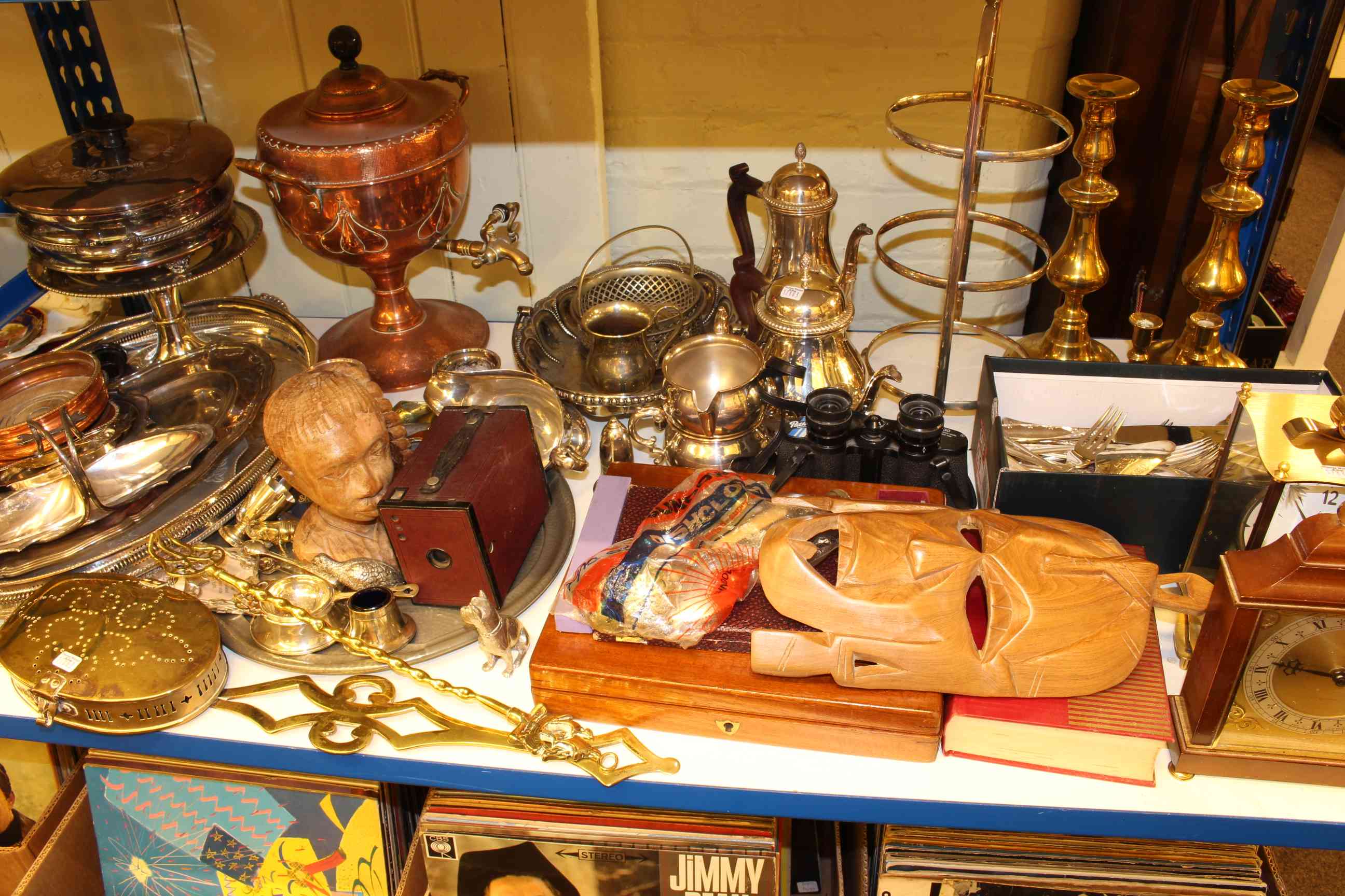 Copper samovar, brass candlesticks, assorted metalware, Kundo and other clock, cutlery, binoculars,