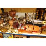 Copper samovar, brass candlesticks, assorted metalware, Kundo and other clock, cutlery, binoculars,