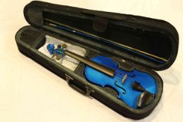 Lustre blue finished violin and bow in canvas case