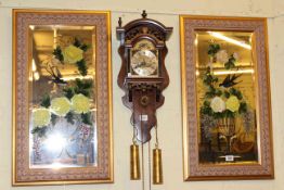 Pair gilt framed painted mirrors and Continental double weight wall clock (3)