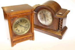 Edwardian mahogany mantel clock and oak mantel clock with twist columns