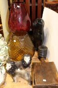 Spice box, treen jar, pottery spaniel, pair of Staffordshire lions,