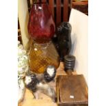 Spice box, treen jar, pottery spaniel, pair of Staffordshire lions,