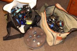 Assorted fishing rods, brolly, bags, reels,