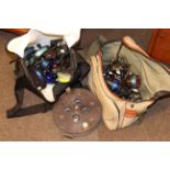 Assorted fishing rods, brolly, bags, reels,