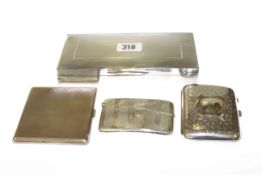 Silver cigarette box, silver card case and two silver cigarette cases, weighable silver 8.