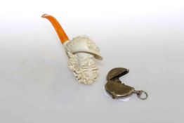Meerschaum face mask pipe and pocket watch style lighter
