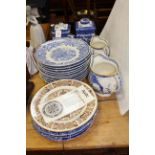 Spode blue and white plates, two 'Aquila' pattern jugs,