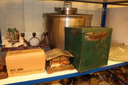 Large stainless steel pan, two glass wall plates, two vintage stoves, cake knife, jelly mould,