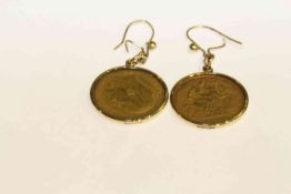 WITHDRAWN Pair of half sovereigns, 1905 and 1906, loose mounted as earrings, gross 9.