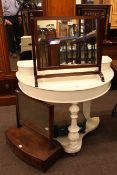 Victorian painted demi lune dressing table, two toilet mirrors,