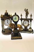 Two pillar marble mantel clocks and another clock