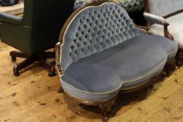 Victorian carved walnut boudoir settee in blue buttoned fabric